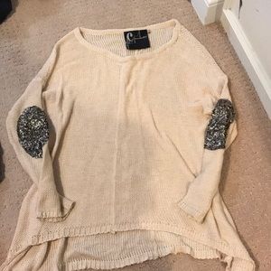 LF Cream V-Neck Sweater with Sequin Elbow Patches